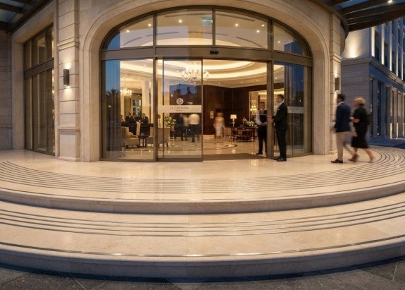 Η κύρια είσοδος του Landmark Nicosia με ανοξείδωτες λωρίδες στο σκαλί