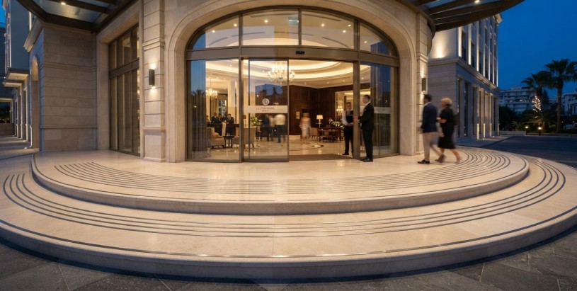 Είσοδος του Landmark Nicosia με λωρίδες ανοξείδωτου χάλυβα