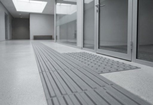 Απτικός οδηγός όδευσης με ραβδώσεις και πλάκα προειδοποίησης σε διάδρομο κτιρίου