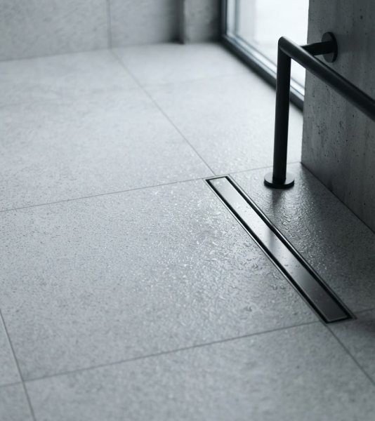 Αντιολισθητικό δάπεδο από γκρι πλάκες με γραμμικό σιφόνι και χειρολαβή