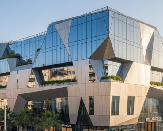 Κτίριο με γυάλινη πρόσοψη και γεωμετρικά πάνελ